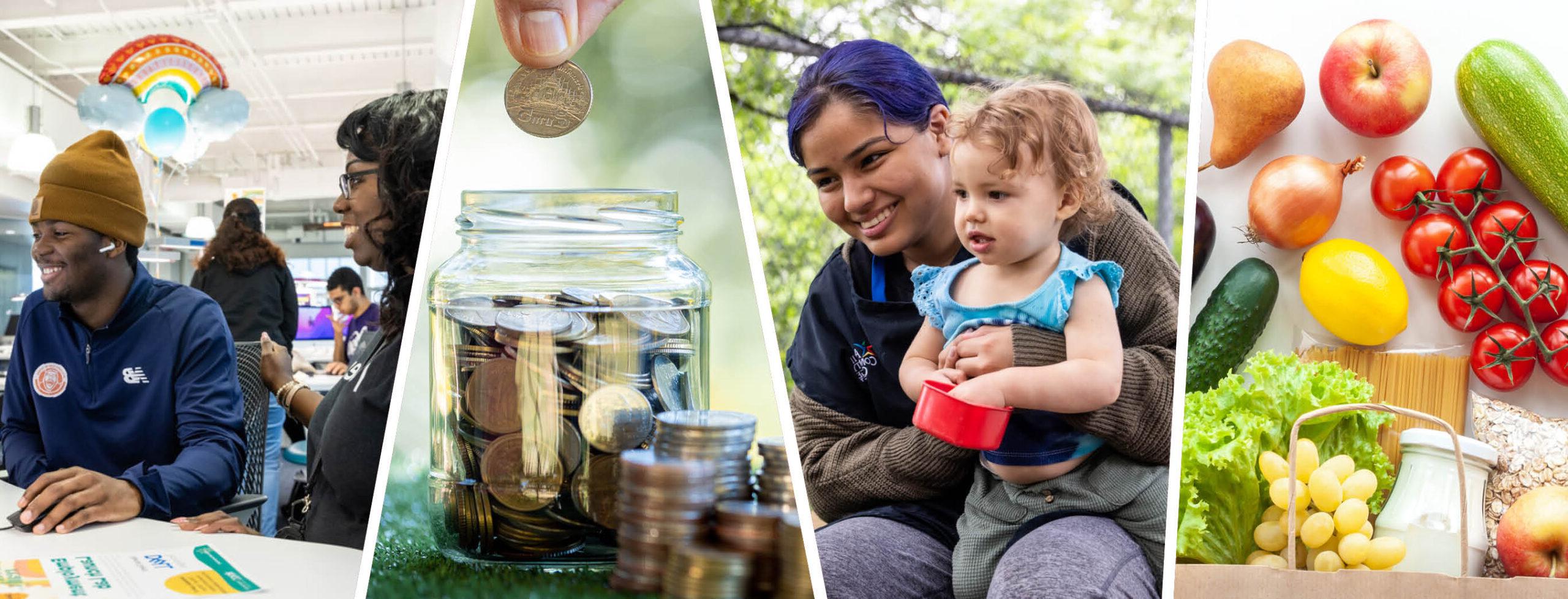 A dynamic collage showcasing a variety of people engaged in delightful culinary experiences with an assortment of foods, a woman caring for a child, and a a person saving coins in a jar.